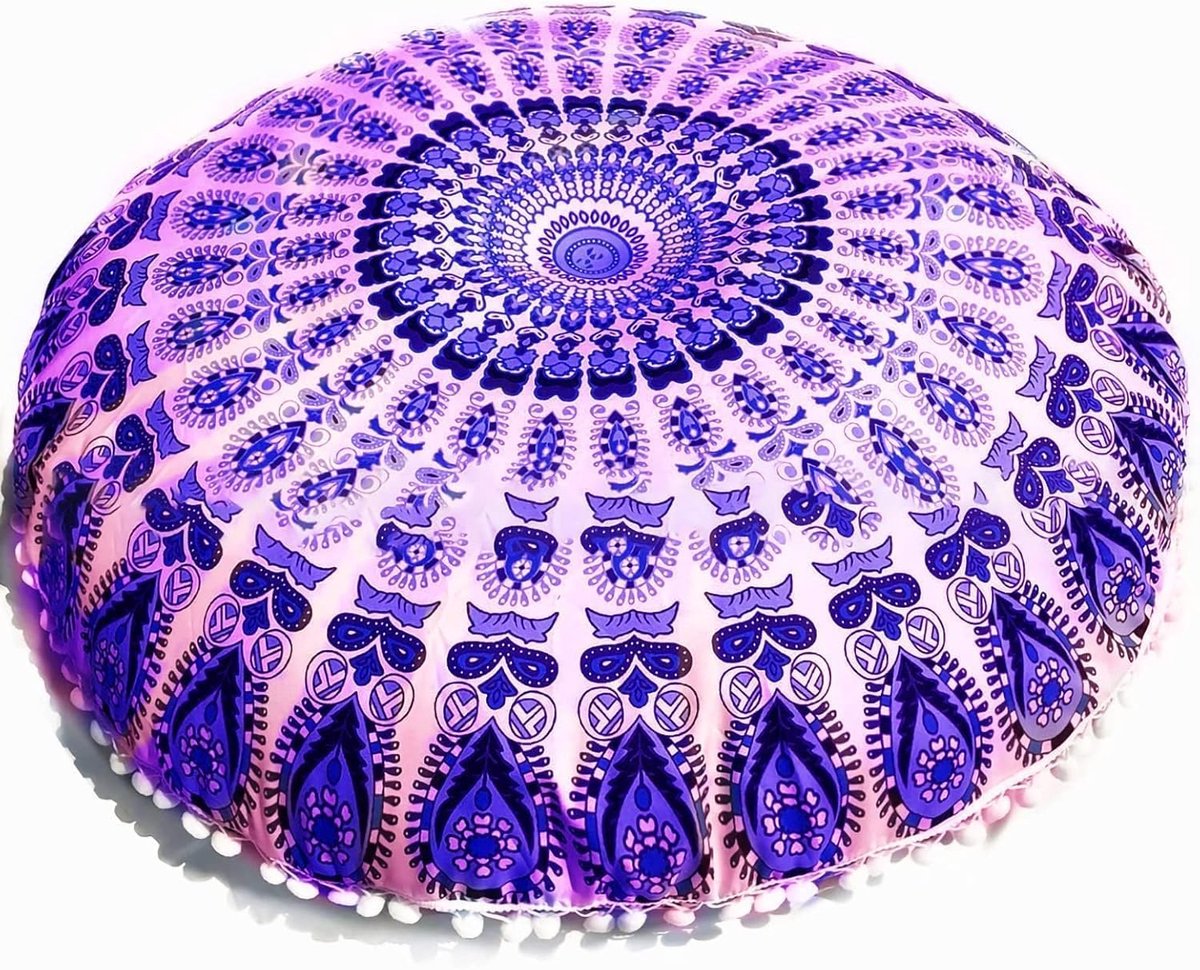 SnelShoppen - Hippie Decoratieve Bohemian Vloerkussenhoes 80cm - Ronde Katoenen Kussenhoes - Paars - Comfortabele Woondecoratie voor Binnen en Buiten
