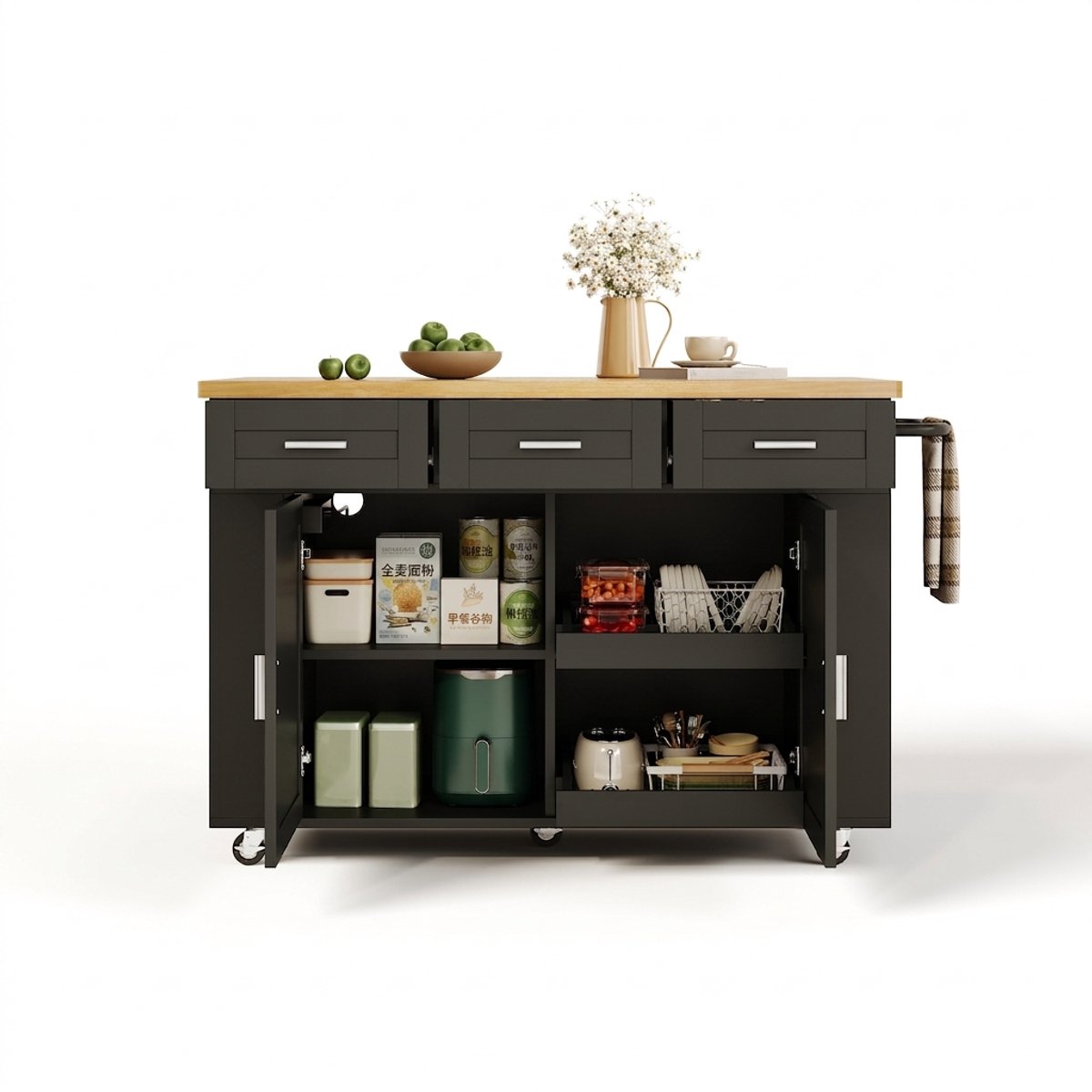Mobiel keukeneiland met klaptafel, stopcontact, lades en wielen – MDF, geschikt voor keuken en eetkamer