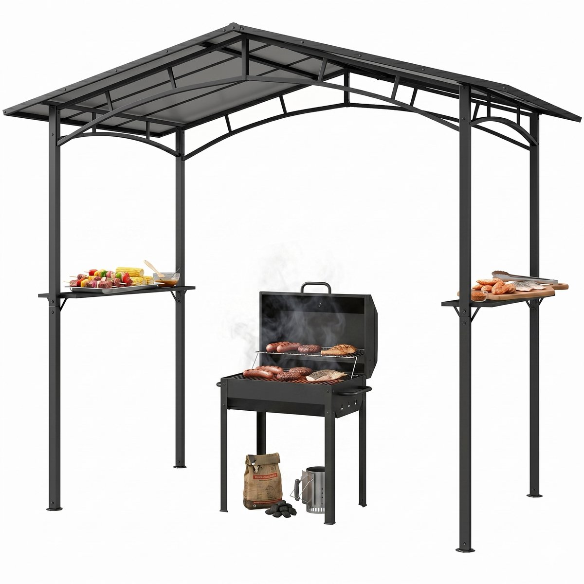 Tuinpaviljoen 2,5 x 1,5 m – barbecuehuis – 2 planken – grilldak – metaal zwart dak polycarbonaat Tuinpaviljoen 2,5 x 1,5 m