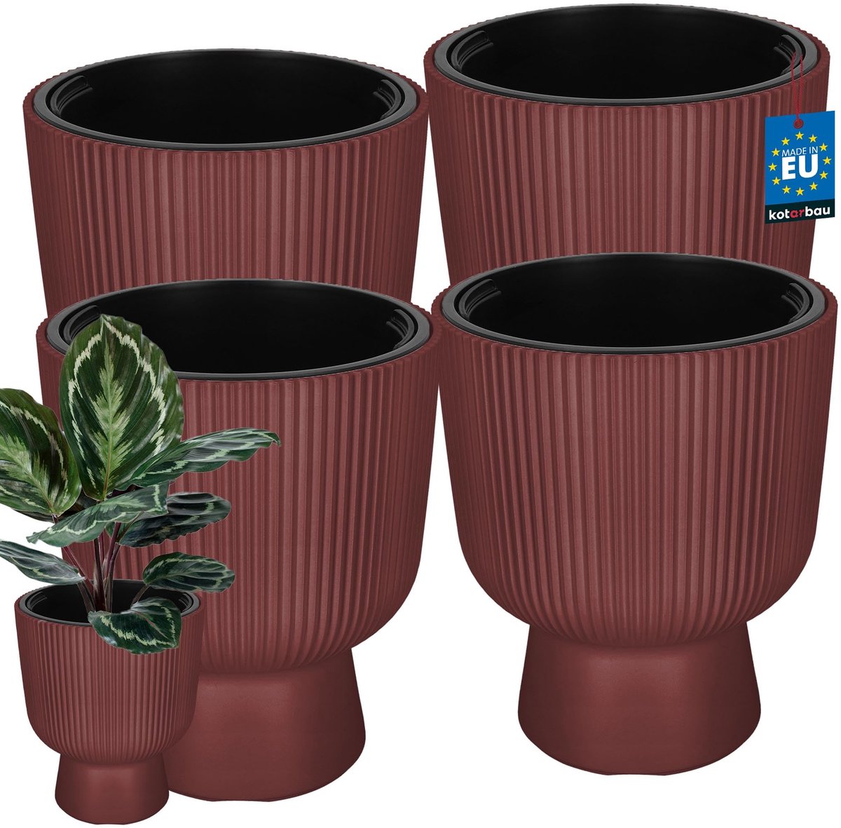 KOTARBAU® 4 Stuks - Bloempot - Plantenpot Ø 29 cm - met Binnenpot - Geribbelde Plantenbak - Plantenpot met Voet - Plantenbak - Kunststof - H: 36 cm - Marsala