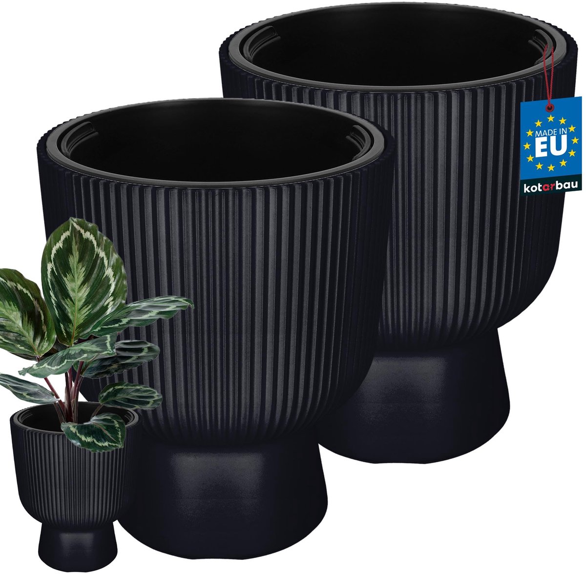 KOTARBAU® 2 Stuks - Bloempot - Plantenpot Ø 29 cm - met Binnenpot - Geribbelde Plantenbak - Plantenpot met Voet - Plantenbak - Kunststof - H: 36 cm - Anthrazit