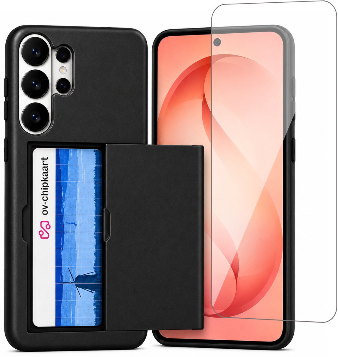 Hoesje met Pasjeshouder geschikt voor Samsung Galaxy S26 Ultra – Back Cover Slide Case – Zwart – Met Screenprotector Glas