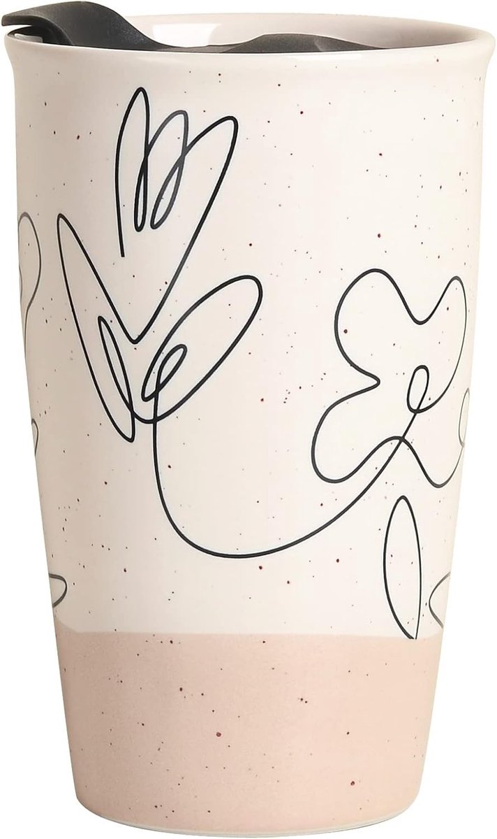 Keramische Koffiemok met Deksel, Beige Dubbelwandige Reismok met Artistiek Bloemmotief, Herbruikbare Tumbler voor Koffie en Thee, Vaatwasser- en Magnetronbestendig