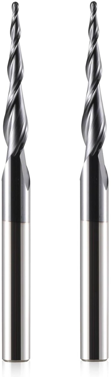 Kogelkopfrees - conische CNC-frees - kogelfrees - 2 stuks - R0.75 spiraalgroeffrees - bit 6 mm schacht 2 fluiten - schachtfrees HRC55 - 0 - 75 mm radius CNC-snijbits met AlTiN-coating voor 2D - 3D-gravure