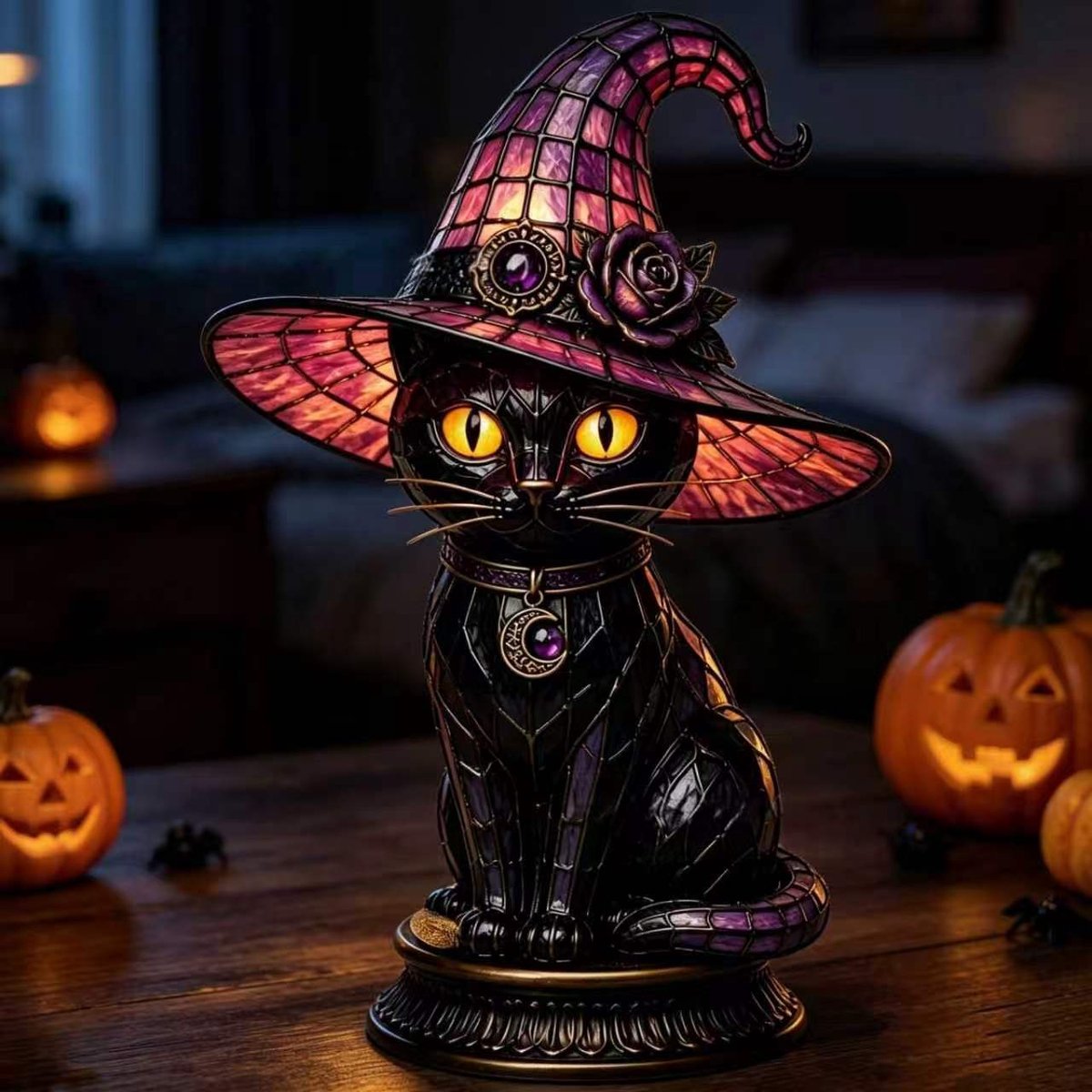 Casalora® Halloween Heksenhoed Lamp – Gotische Hars Decoratie met LED Licht – Magische Nachtlamp voor Tafel, Woonkamer & Feestdecoratie – Paarse Hoed - Kat