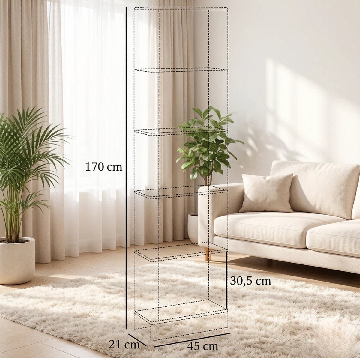 OKWISH Boekenkast Open Design 45 x 21 x 170 Cm Spaanplaat Wit Eiken 5 Open Vakken Voor Woonkamer Slaapkamer En Kantoor