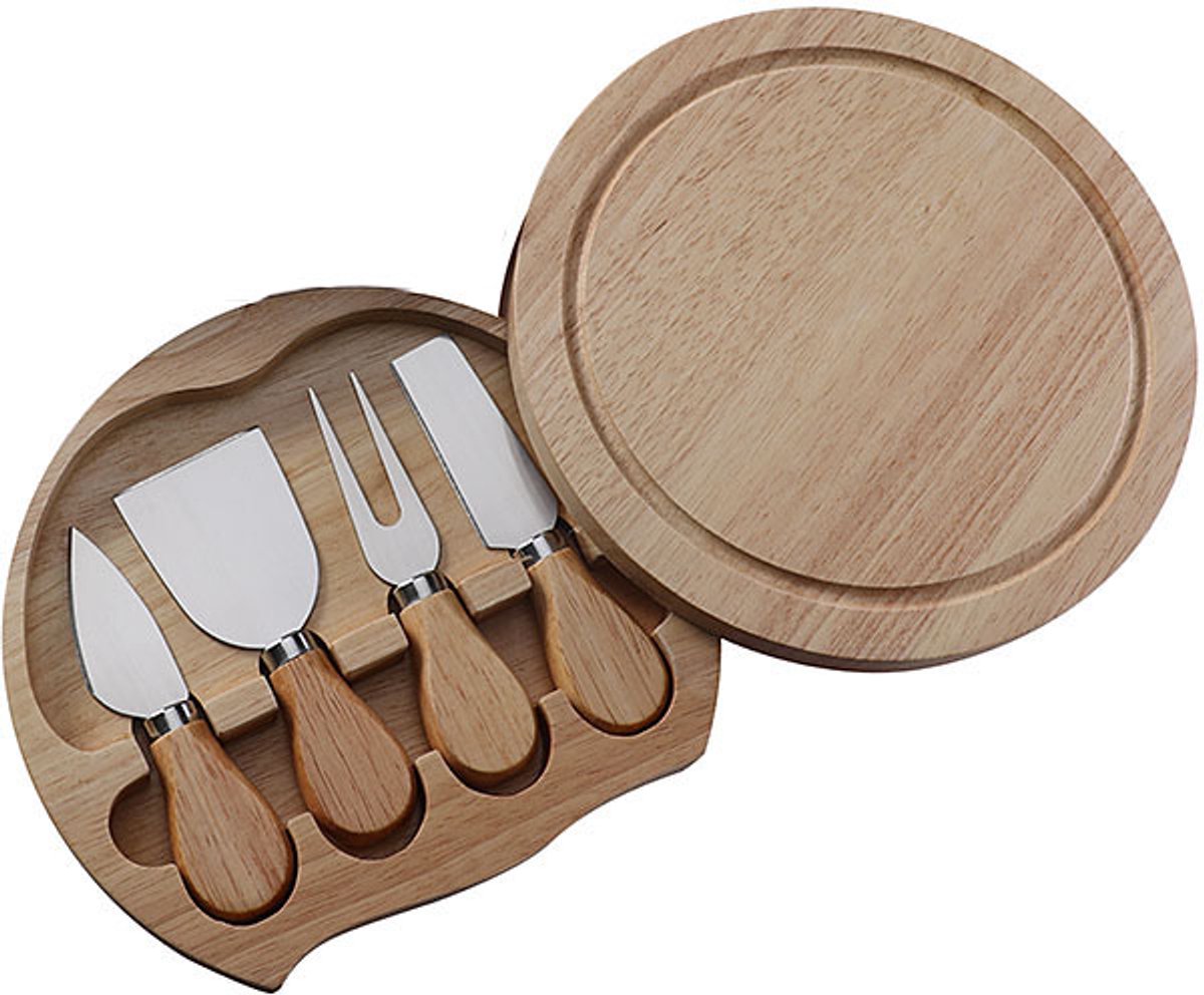 Kaasplankset - Kaasmessenset - Ronde kaasplank met 4 messen - Delicatessenplankset - Geschikt voor buitenbijeenkomsten en in de keuken - Staalkleurig