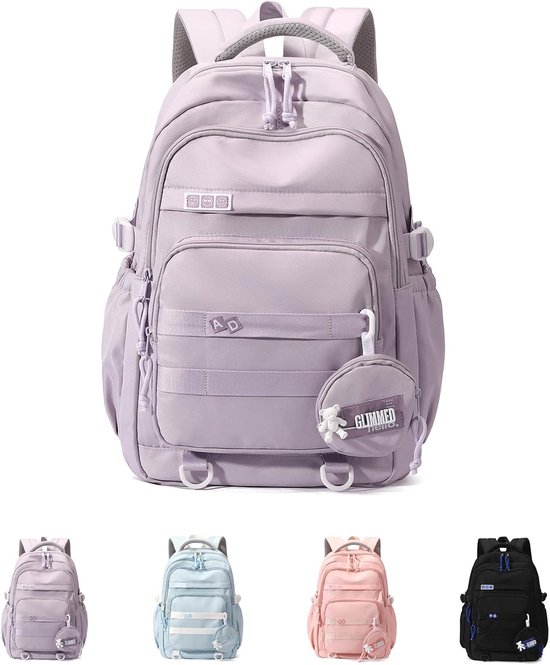 Lichtpaarse rugzak met hangend tasje, naast lichtblauwe, roze en zwarte versies.