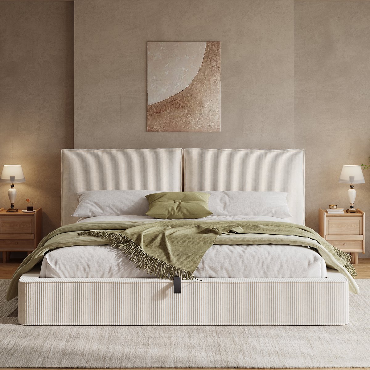 VVBV Tweepersoonsbed 180x200 cm - Hydraulische Opbergruimte, Gestoffeerd Hoofdbord, Met Lattenbodem - Beige, Ribfluweel