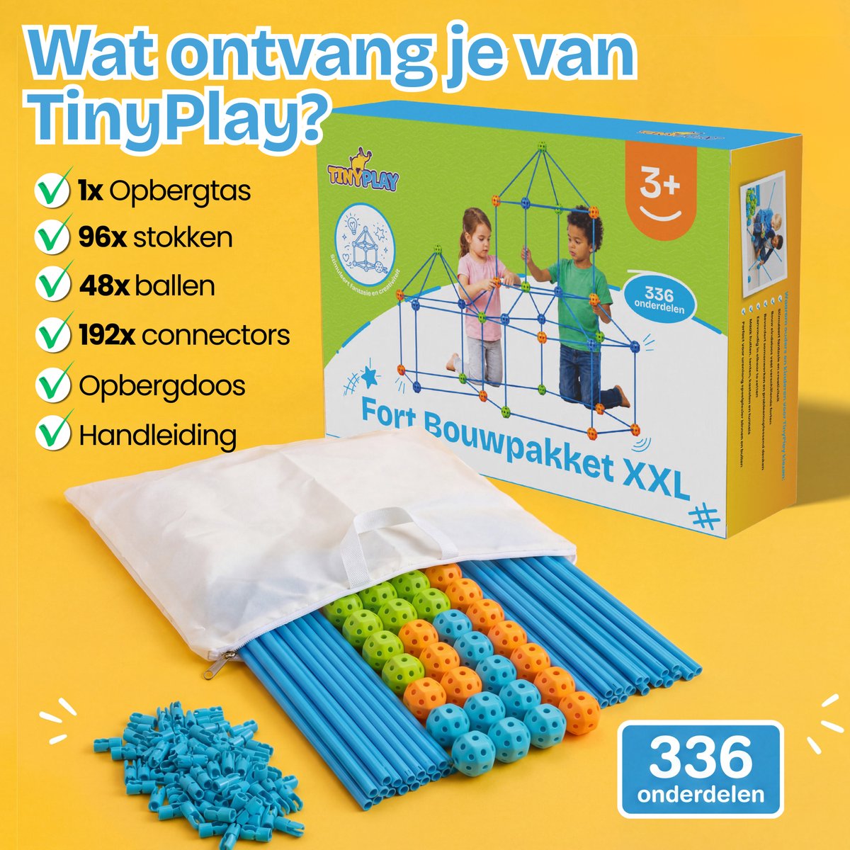 TinyPlay Fort Bouwpakket XXL 336 Onderdelen - Speelgoed 4 Jaar 5 Jaar - Kinderspeelgoed - Sensorisch Speelgoed - Bouwset Jongens Meisjes - Hut Bouwen - Speeltent -Megafort - Montessori Educatief Speelgoed - Incl. Opbergtas — afbeelding 3
