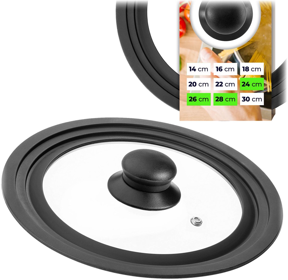 KADAX universele deksel 24/26/28 cm, universele deksel voor potten en pannen, pannendeksel, glazen deksel met siliconenrand en stoomopening, potdeksel (zwart)