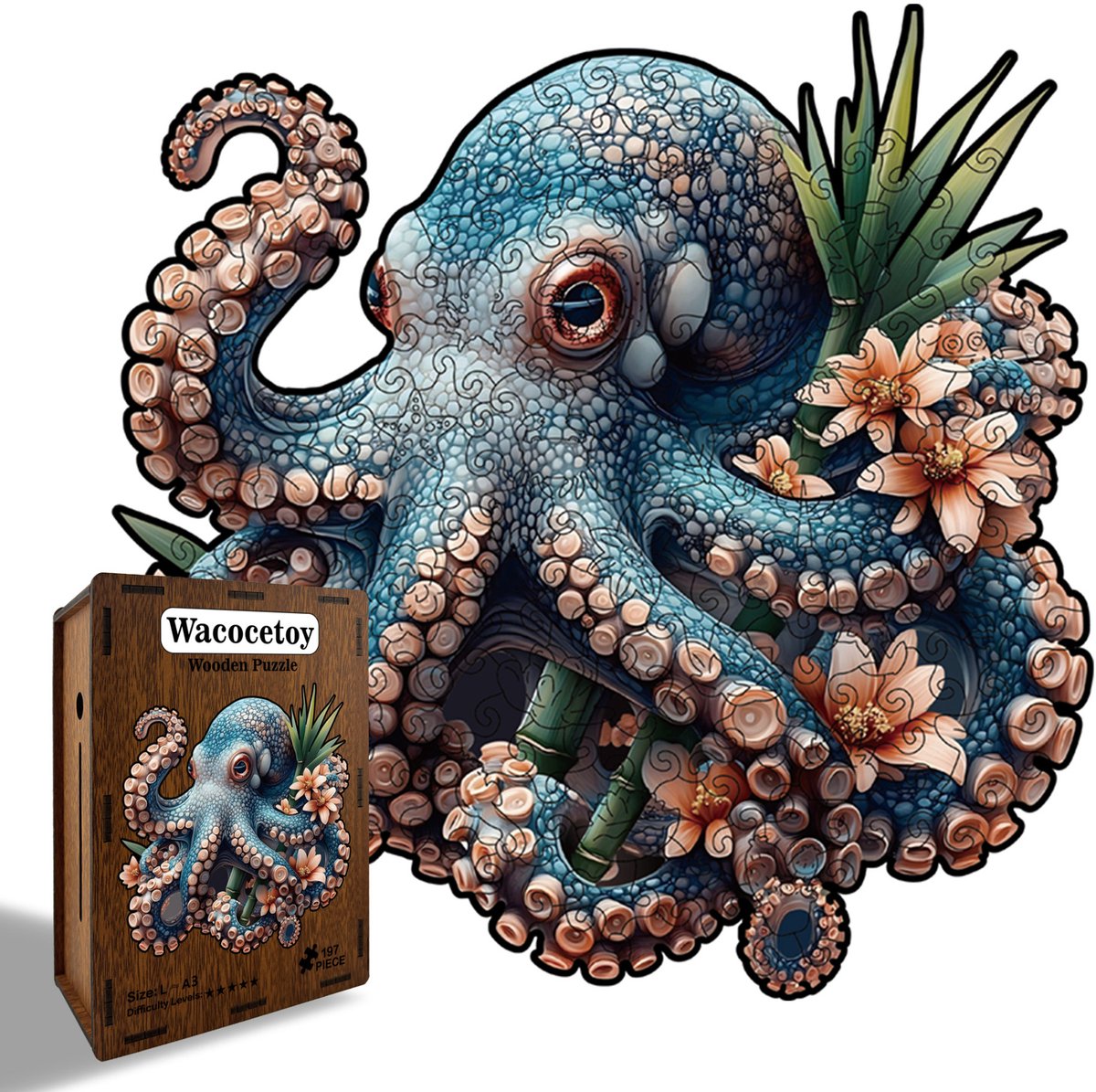 Casalora Houten Puzzel Octopus 197 Stukjes – Unieke Vorm – Dieren Legpuzzel Volwassenen – L
