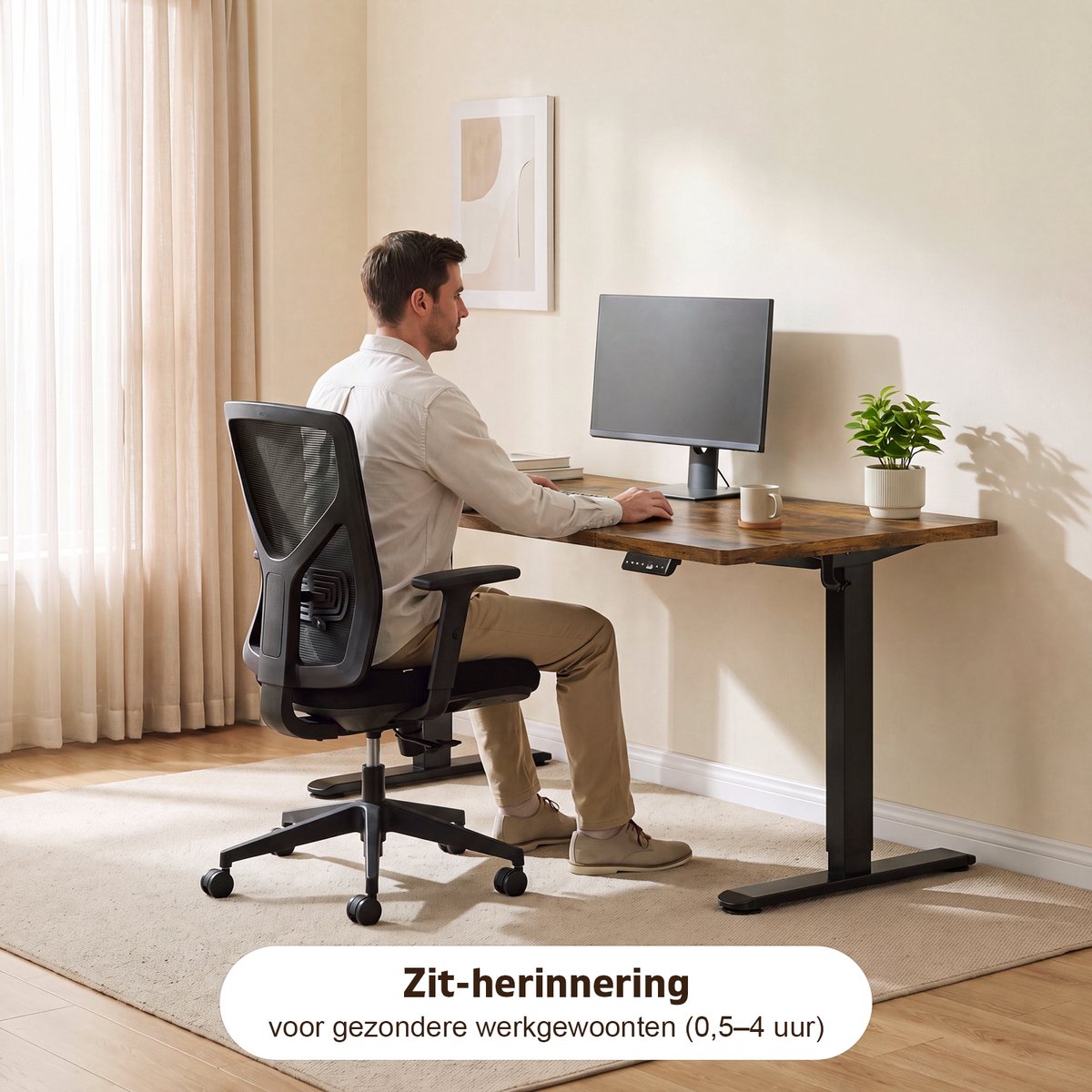 Devoko Elektrisch Zit-Sta Bureau 160x80 cm – 18 mm Dik Tafelblad – 3 Geheugenstanden – USB en Zit-alarm – Kabelmanagement – Zwart frame met donker houtlook blad thumbnail 6