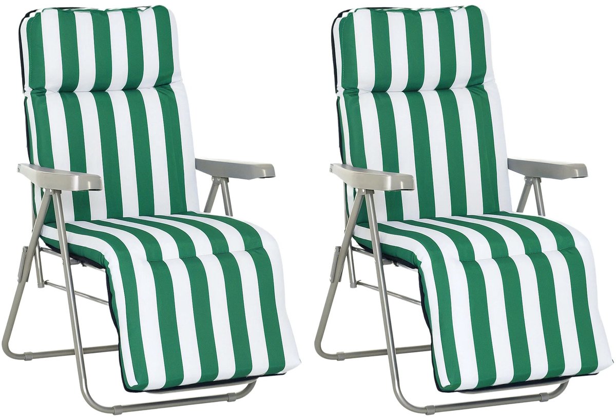 Archi Set van 2 Verstelbare Tuinstoelen – Opvouwbare Ligstoelen – Ligbed 5 Standen – Gewatteerd Kussen – Stalen Frame – Groen/Wit
