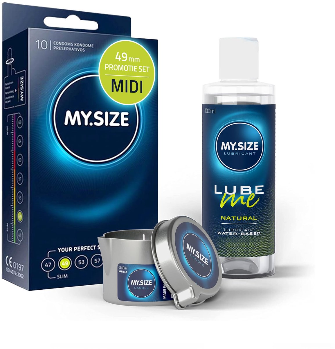 Voordeelverpakking MY.SIZE-condooms 49 mm, pak van 10 + MY.SIZE natuurlijk glijmiddel 100 ml + MY.SIZE-massagekaars