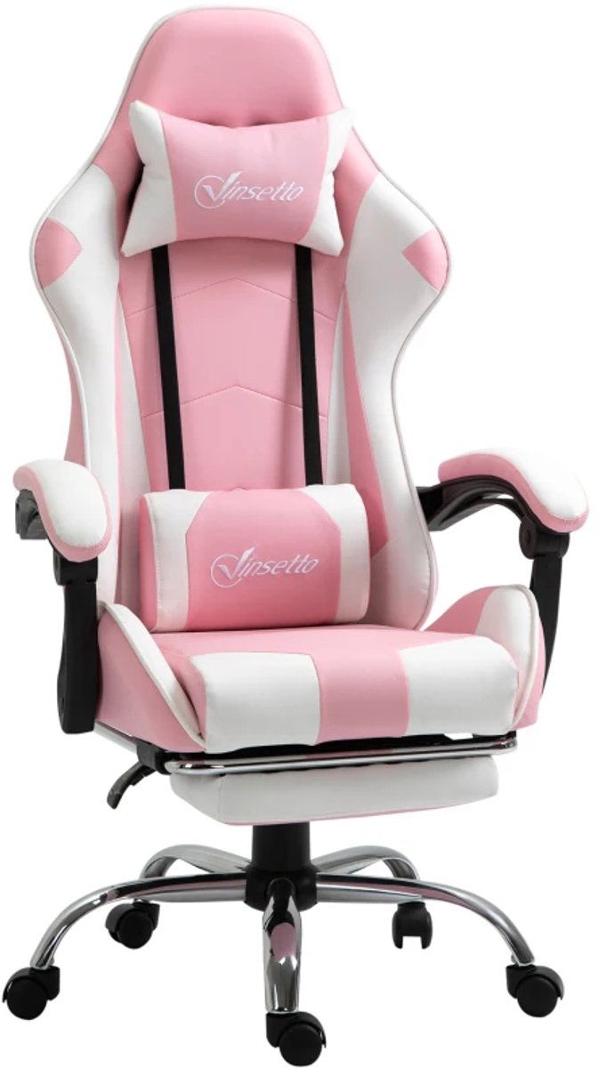 Ergonomische Gamingstoel met Lendensteun, Voetensteun & Hoofdsteun - 135° Verstelbare Rugleuning - 360° Draaibaar - In Hoogte Verstelbaar - Relaxfauteuil - Bureaustoel - Computerstoel - Roze + Wit