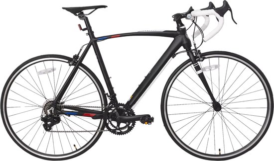 Zwarte racefiets met witte stuurlint, rode en blauwe accenten op het frame.