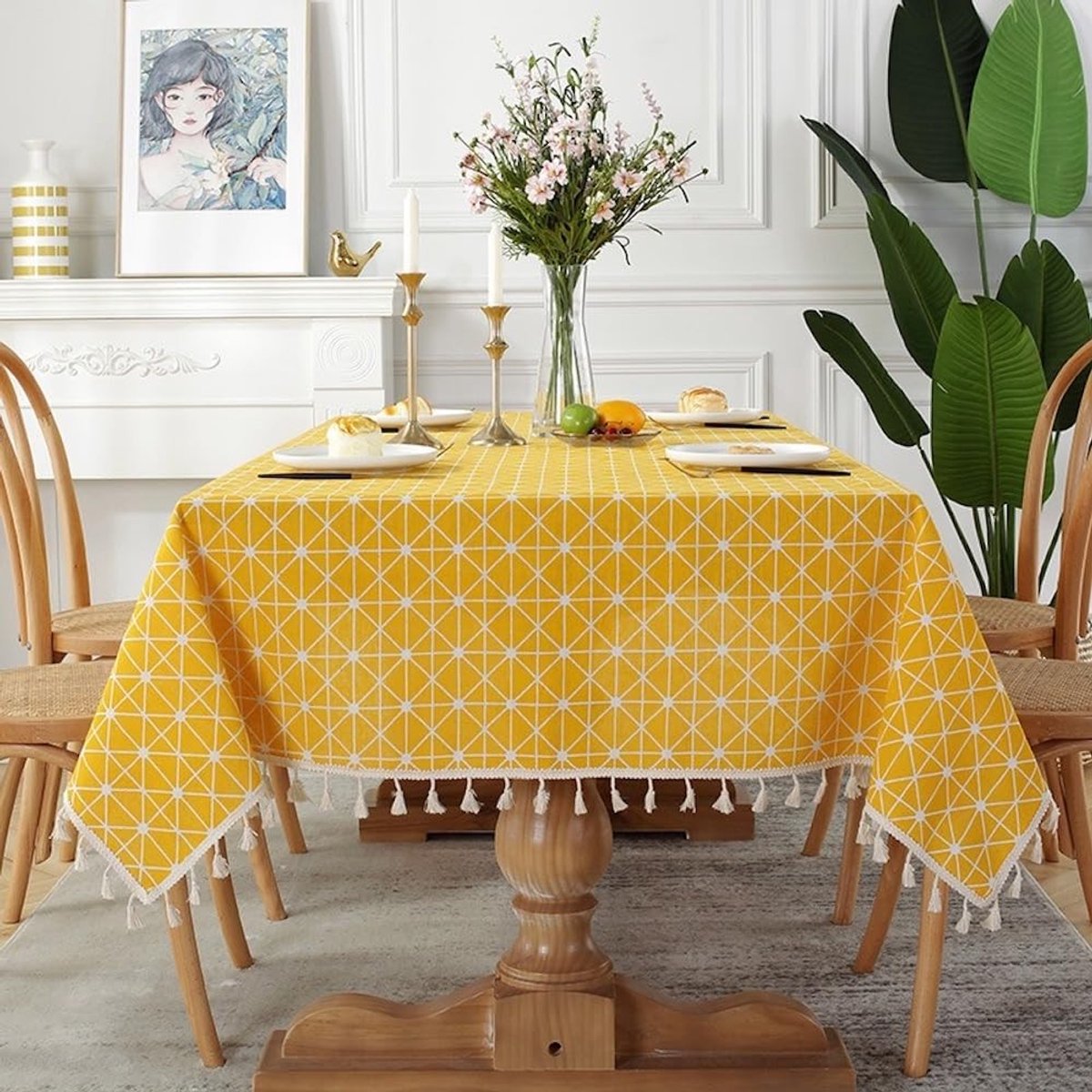 Solidchoice - Vintage Tafelkleed van Katoen en Linnen met Kwastjes Geel