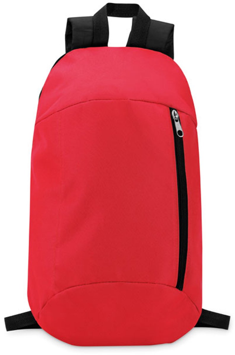 Rugzak van 600D polyester met voorvak met rits, verstelbare draagbanden en draaglus aan de bovenzijde. Achterzijde is gewatteerd en uitgevoerd in 210D polyester. Rood
