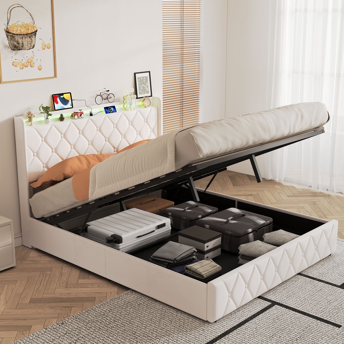 Volwassen bed 140x200 cm, tweepersoonsbed met hydraulische opbergruimte, fluwelen hoofdbord met opbergvakken, gewatteerd beige, zonder matras