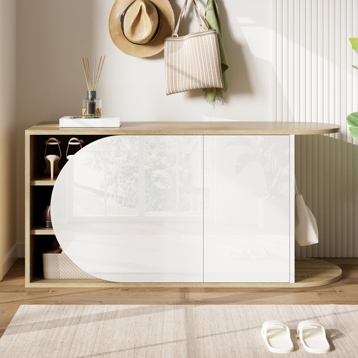 VVBV Schoenenkast 104x37x50 cm - Smal Ontwerp, Met Haken, Met Lades - Wit/Naturel, Spaanplaat
