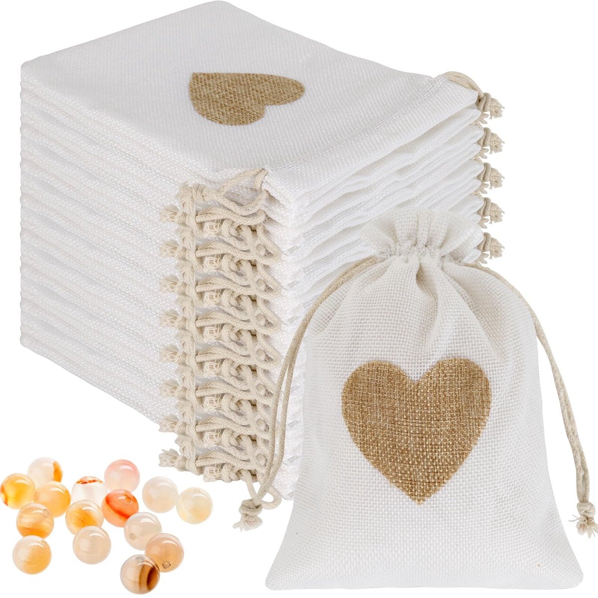 Solidchoice - 24 Grote Jute Zakjes voor Gastgeschenken met Liefdesmotief