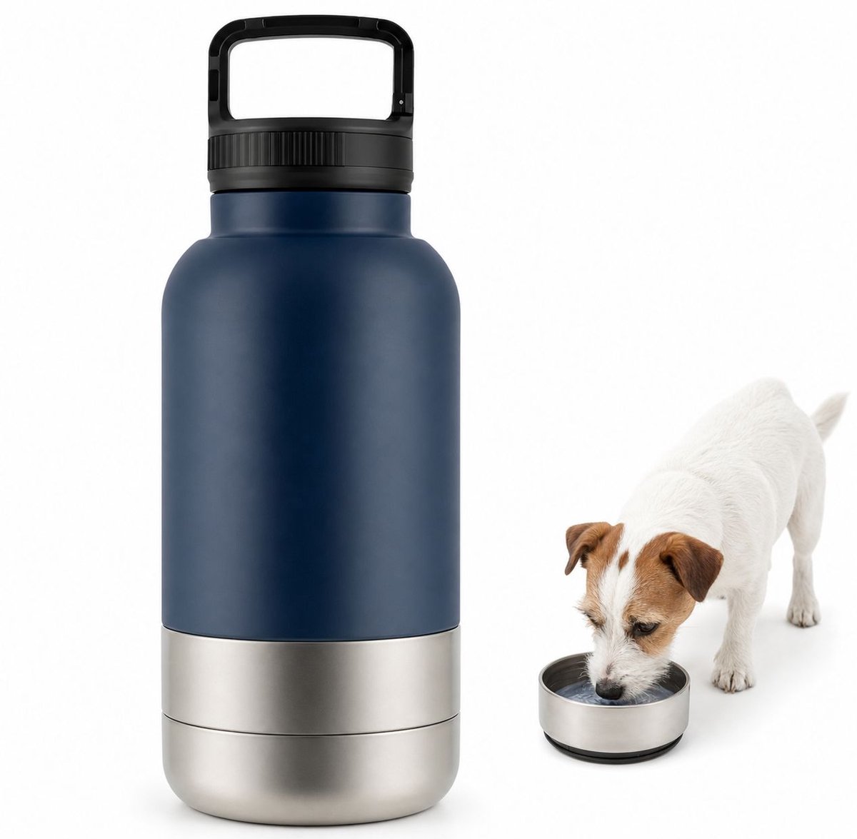 VHV - Drinkfles hond 3-in-1 900 ml - RVS reisfles met voer- en drinkbak - donkerblauw voor onderweg