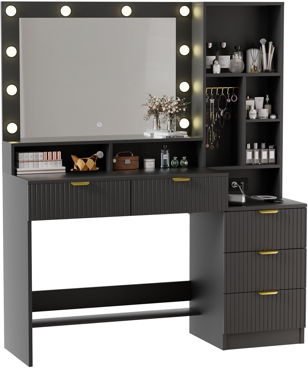 Devoko Kaptafel met Verlichte Spiegel - 114 x 40 x 149 cm - 5 Lades - 10 Lampen met 3 Lichtstanden - 2 USB + USB-C - Zwart