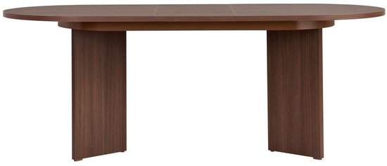 Longue table à manger ovale en bois de noyer foncé avec deux larges pieds en U.