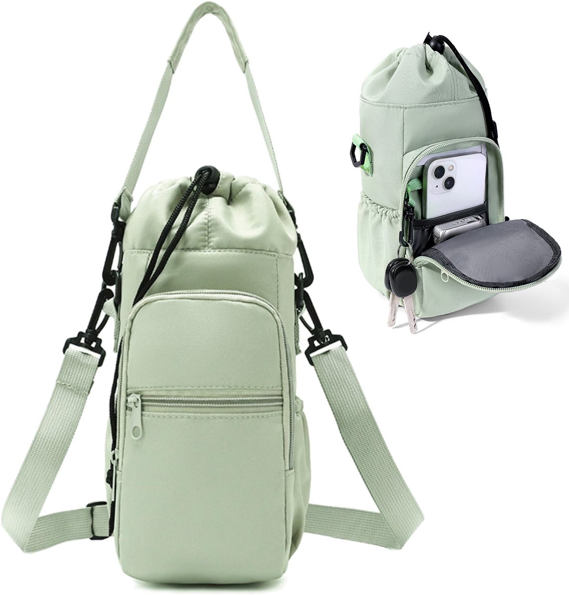 Waterfles Tas 600-1200ml - Drinkfles Houder met Schouderriem en Telefoonvak - Geïsoleerde Flessentas met 5 Vakken voor Wandelen, Fitness, Reizen en Outdoor - Groen