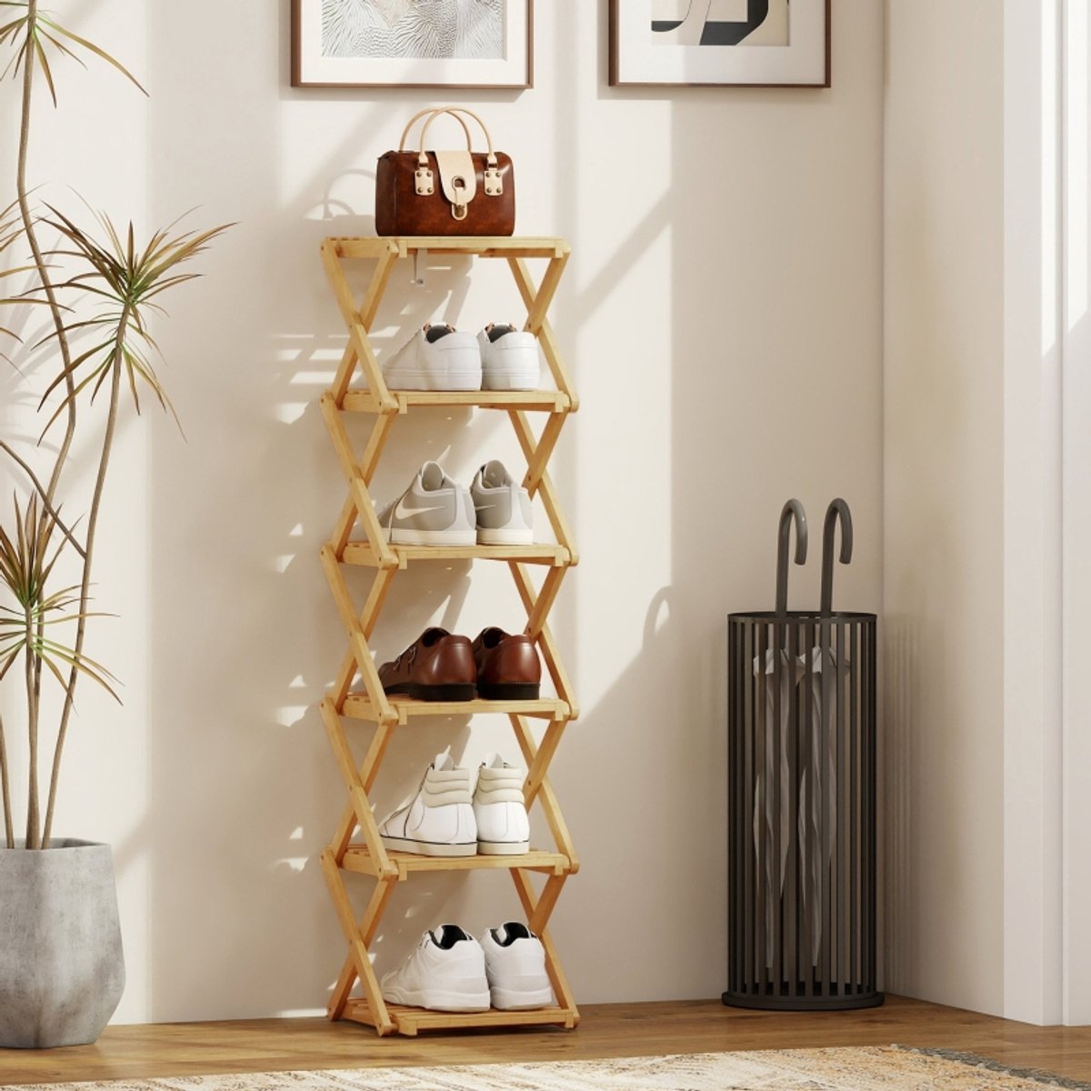OKWISH Opvouwbaar Schoenenrek – 6 Niveaus – Bamboe – Natuurlijke Houtkleur – Voor 9 Paar Schoenen – Ruimtebesparend Voor Hal En Gang