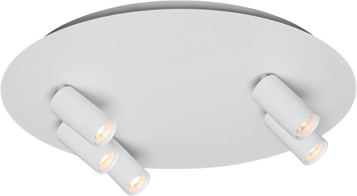 Oryx ronde plafondlamp, voetplaat Ø450 mm, 5 richtbare MR11-spots (3+2), dimbaar, wit aluminium, lichtbron niet inbegrepen
