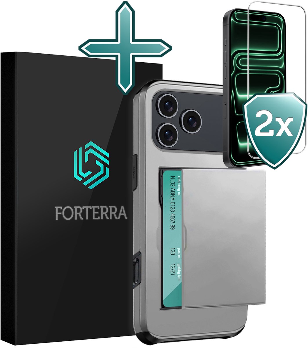 Hoesje Geschikt voor iPhone 18 Pro Pashouder Hard Case Hoes Met 2x Screenprotector - Hoes Geschikt voor iPhone 18 Pro Hoesje Back Cover Met Pasjeshouder - Grijs