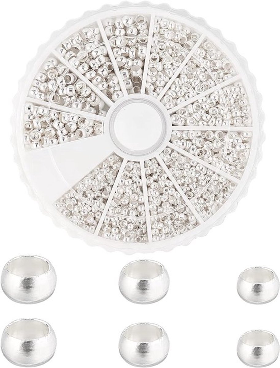 Ongeveer 1800 stuks Messing buis-krimp kralen en koord eindkappen voor sieraden maken - Diameter 2 mm, 2,5 mm, 3 mm, Zilver