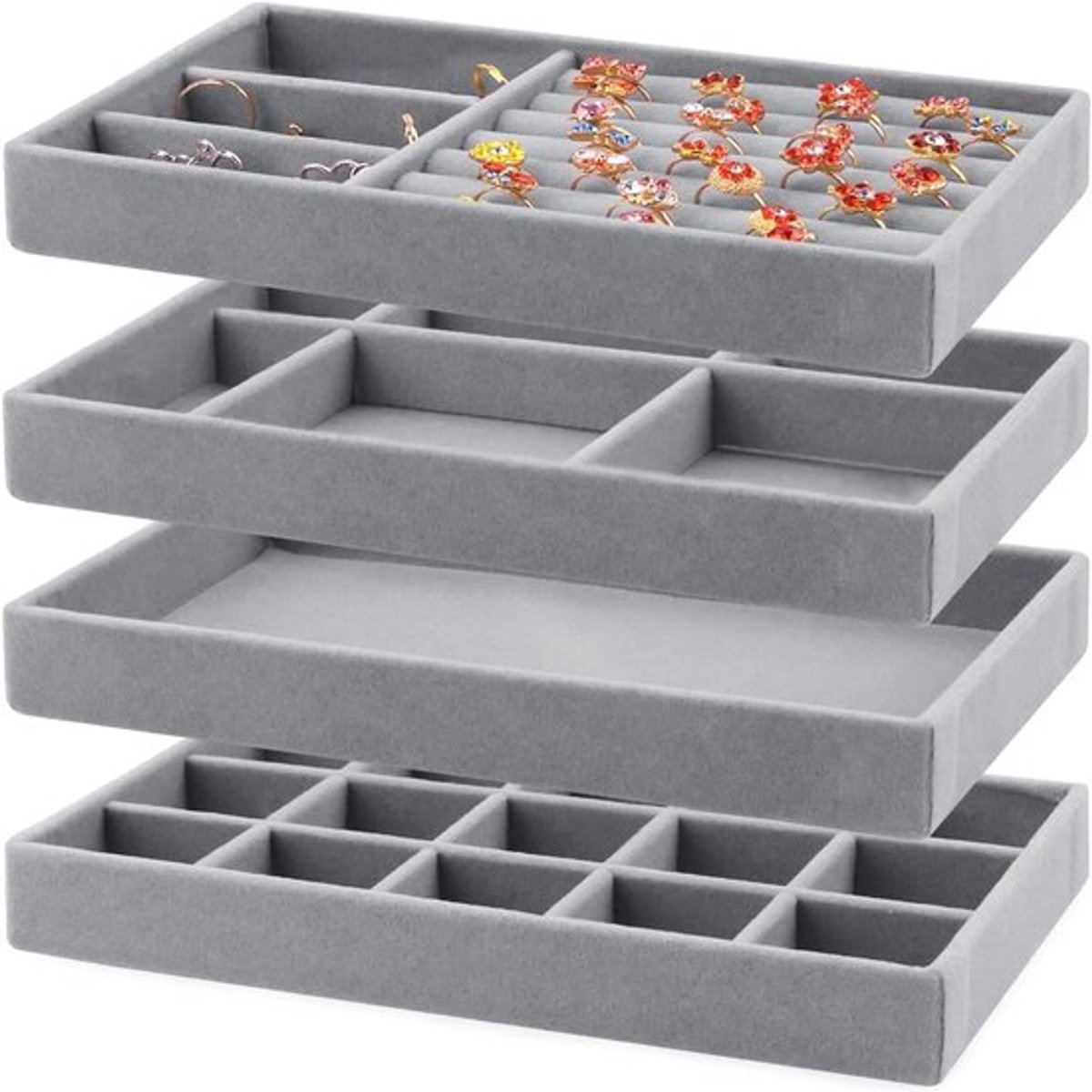 Sieradenopbergdoos met lades en trays voor het organiseren van oorbellen, armbanden en ringen - 4 stuks (Grijs)
