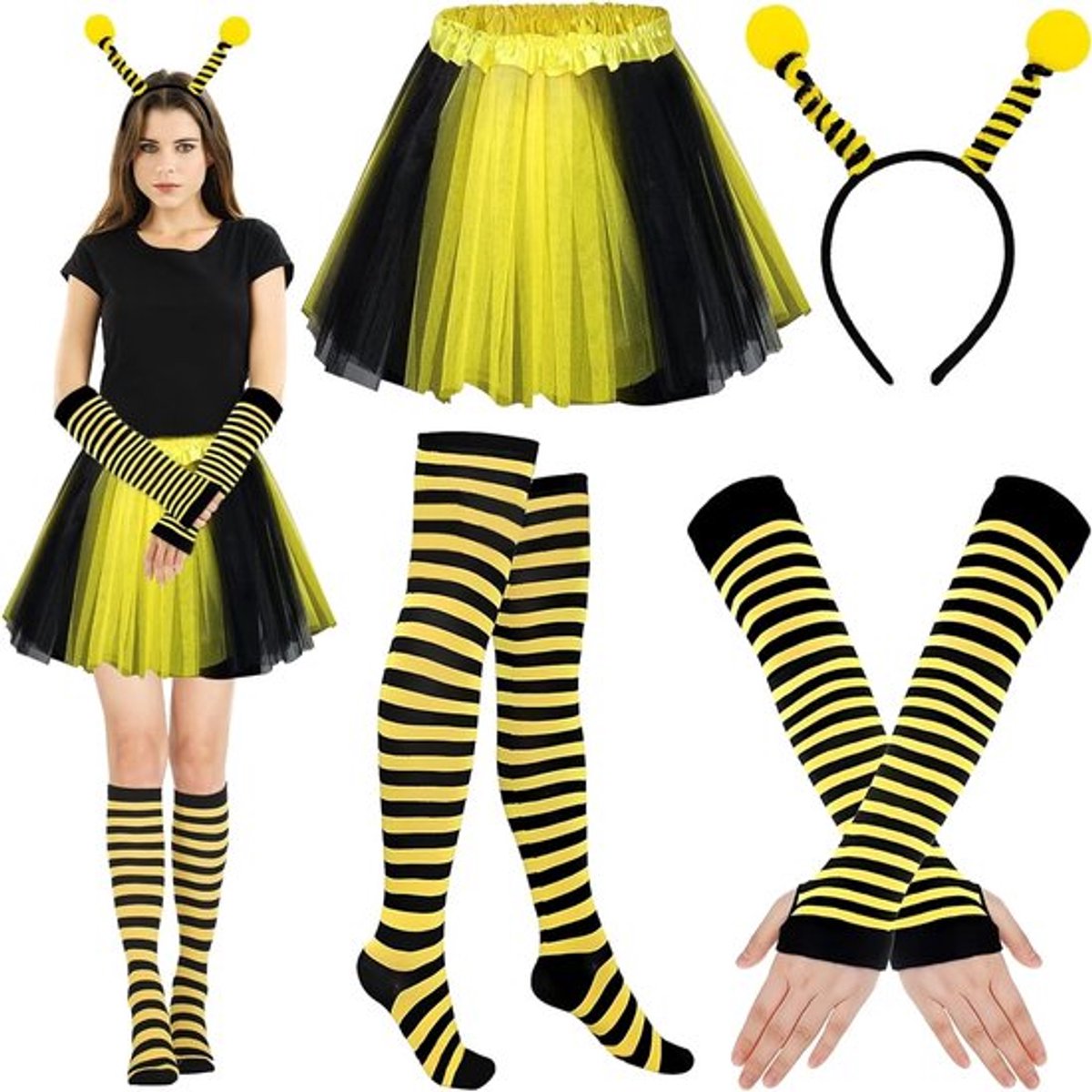 Zesdelige bijenkostuum set voor volwassenen met accessoires, tulle rok en vingerloze handschoenen
