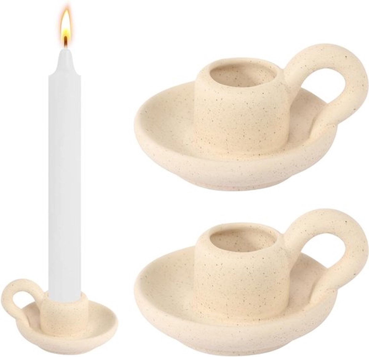 Set van 2 Keramische Kaarsenhouders in Nordic Stijl met Handvat voor Tafelversiering, Feesten en Bruiloften - Beige Kleur