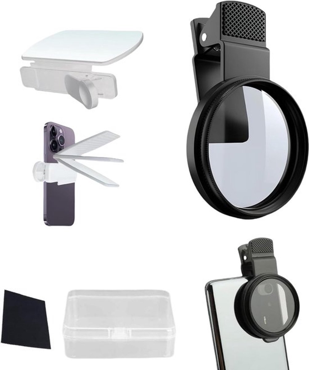 CPL anti-reflecterende lens 52 mm met Sky Mirror-accessoire - draagbare dual-lens fotokit voor buiten en selfies met smartphone