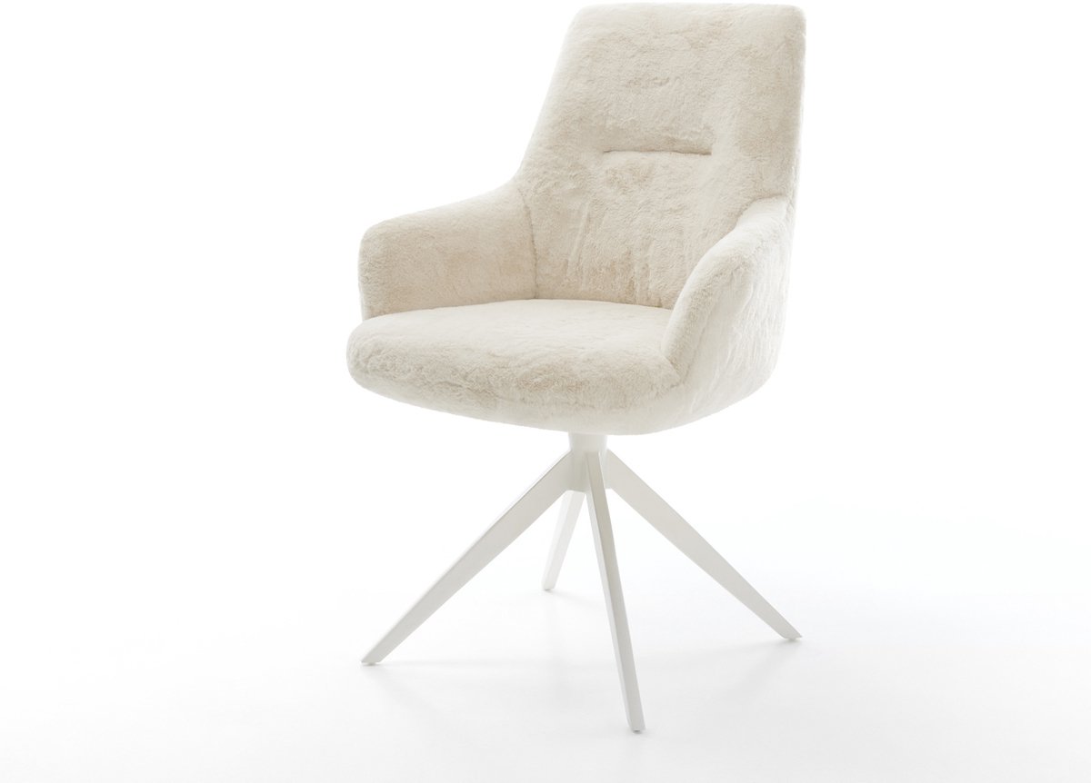 Eetkamerstoel Zelia-Flex met armleuning kruisframe breed wit pluchen crème-wit 360° draaibaar rocker-functie pocketveer kern