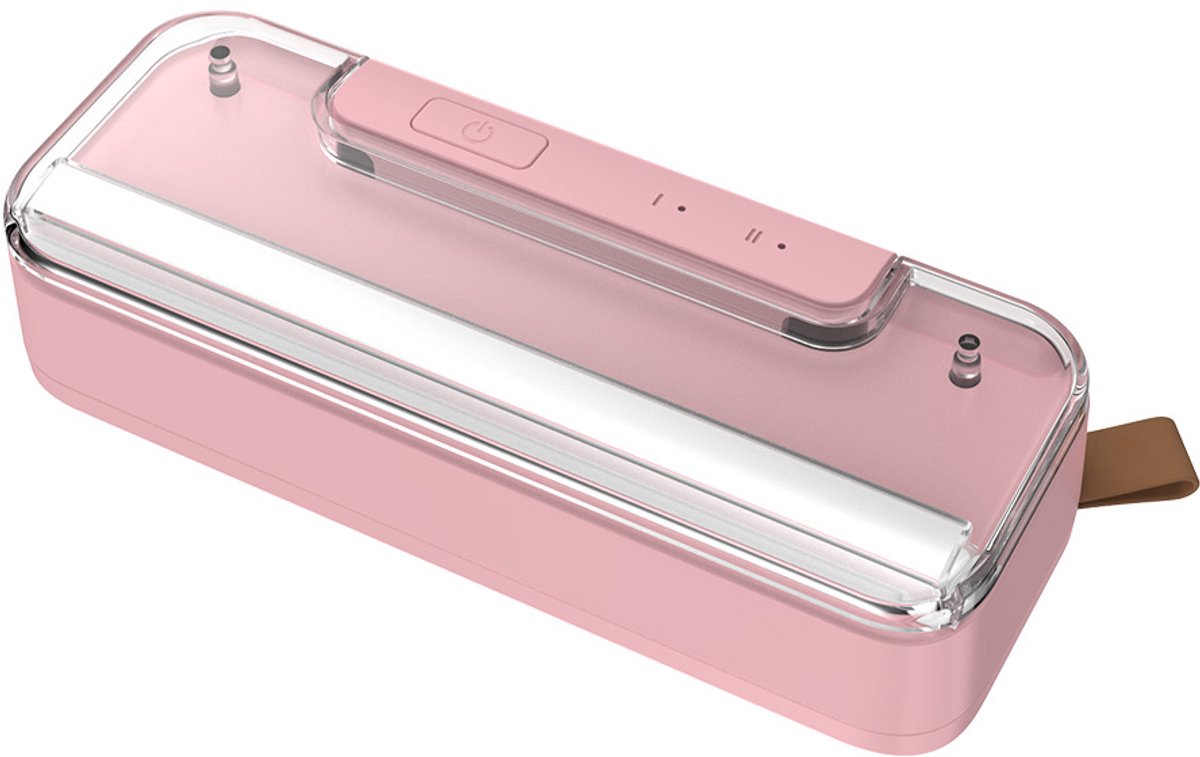 Roze mini-sealmachine, elektrische voedselsealmachine, USB-oplaadbare batterij, bediening met één hand, compact en draagbaar, geschikt voor snacks en etenswaren.