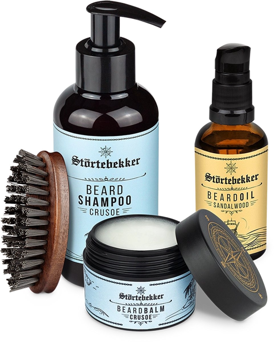 Störtebekker® Anti-Jeuk Baardset Sandelhout - Beard Care Set Heren met Warme, Houtige Geur - Baardolie, Baardbalsem, Baardborstel & Baardshampoo - Met Eucalyptus & Aloe Vera - Vegan - Zonder Parabenen & Siliconen - 4-Delige Set