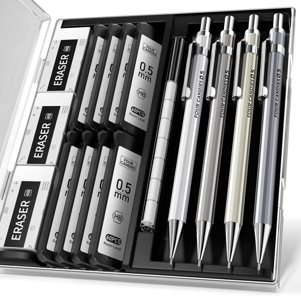 Four Candies Metalen vulpotloodset - 4 stuks Criterium 0 - 5 mm - metalen vulpotlood met 8 HB loodbuizen - 3 stuks gum 4B en etui - vulpotlood voor schrijven en tekenen