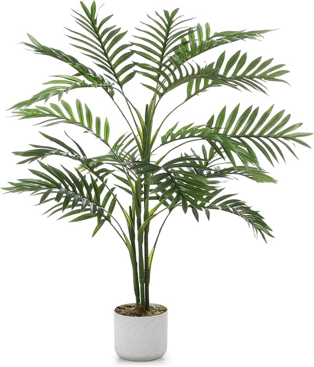 HOERFURIY - Kunst Areca Palm - 100cm, PEVA bladeren, vormbaar gebladerte inclusief witte pot voor binnendecoratie
