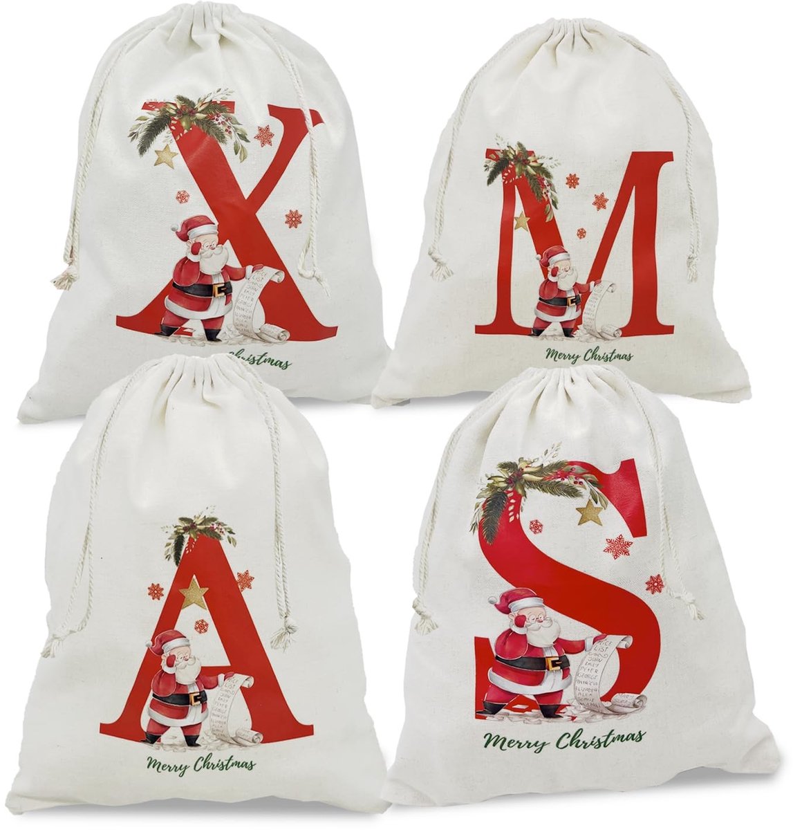 Solidchoice - Feestelijke Katoenen Cadeauzakjes voor Kerst (4 Stuks)