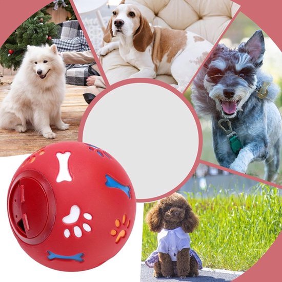 Collage met honden en een rode bal met botten- en pootafdrukken.