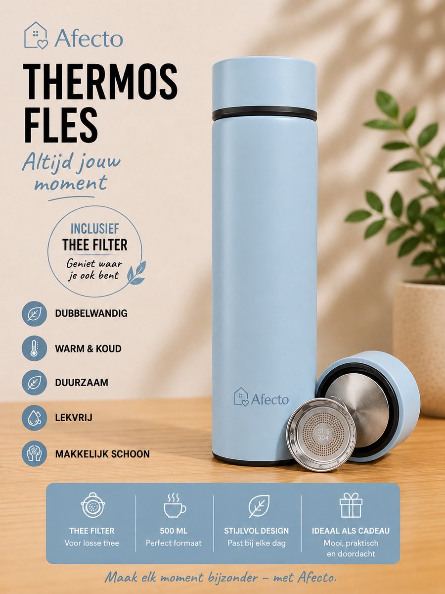 Afecto Dubbelwandige licht blauwe geïsoleerde drinkfles | inhoud 500 ml | Dubbelwandige Thermosfles - Thermosbeker - Isoleerfles - Thermoskan - Travel Mug - bidon drinkfles - Koffiebeker - Drinkflessen - RVS - Metaal