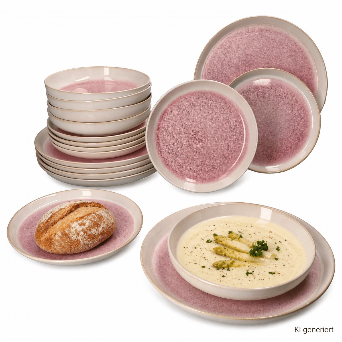 Home & Beyond® Serviesset 18-delig - Eetservies voor 6 Personen - Bordenset met Dinerborden Soepborden en Dessertborden - Reactieve Glazuur - Crèmeroze