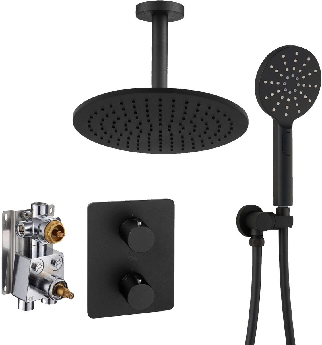 Ben Lavion 250 inbouw regendoucheset met 4 straalsoorten en plafondaansluiting Ø25cm mat zwart