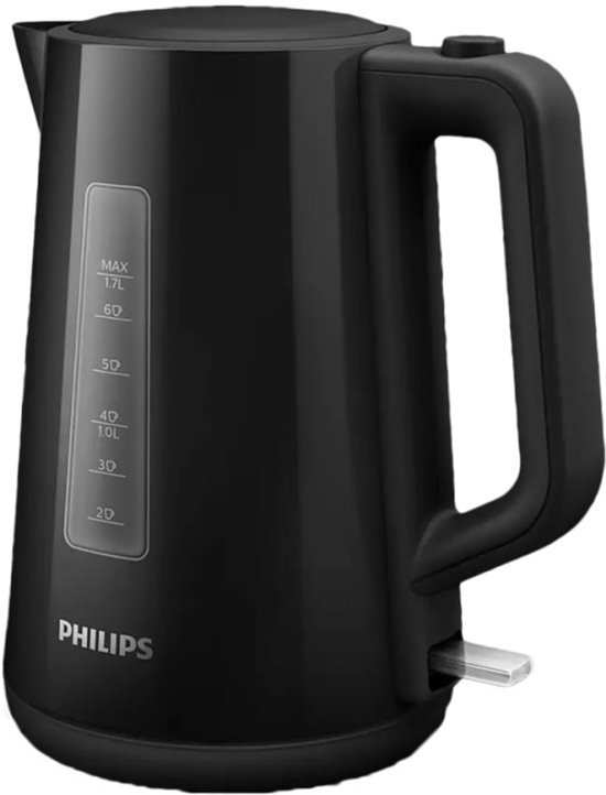 Zwarte Philips waterkoker met een inhoud van 1,7 liter en een transparante waterniveau-indicator.