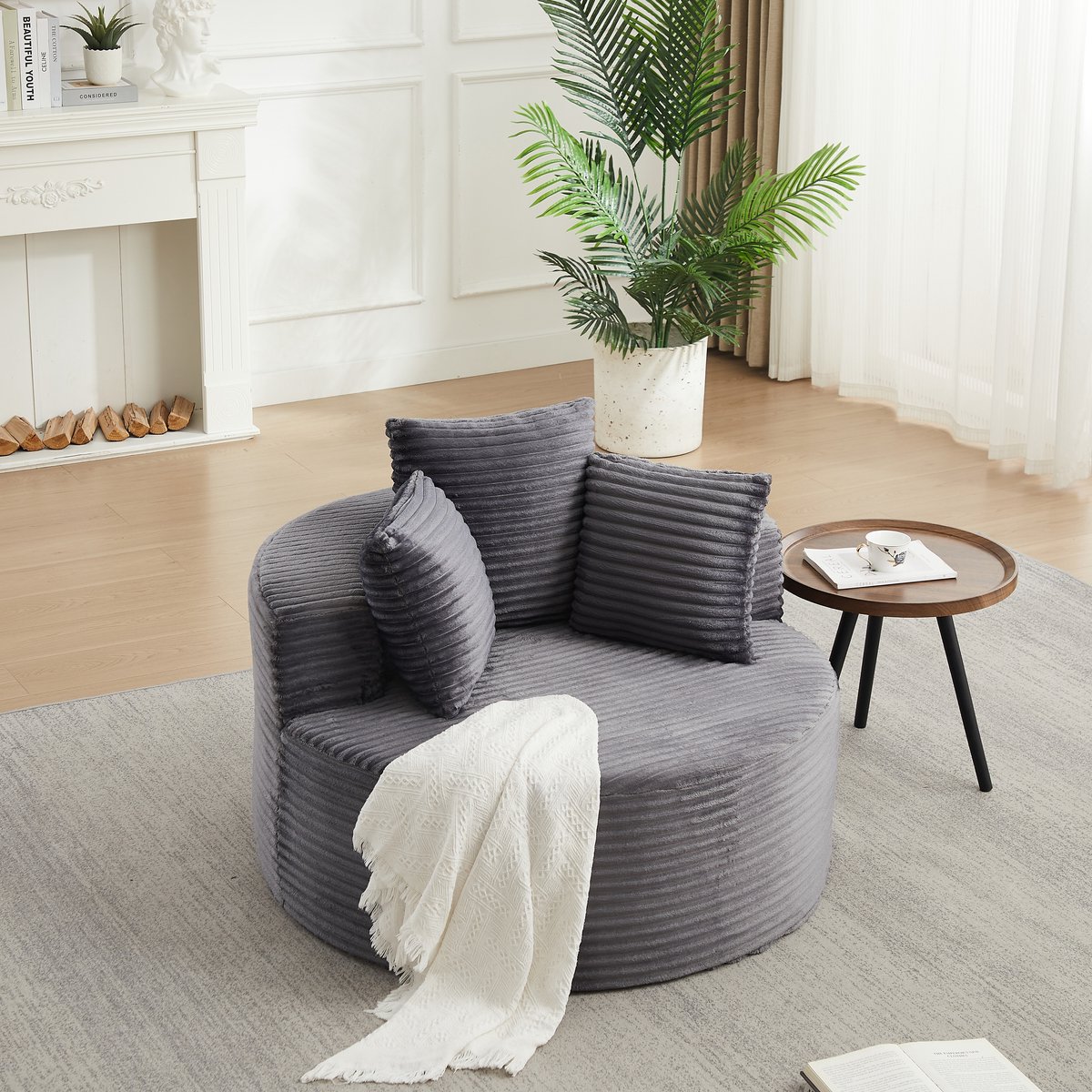 Ronde Fauteuil - 1-Zits Lounge Stoel Ribstof Met Kussens Comfortabele Relaxstoel Grijs
